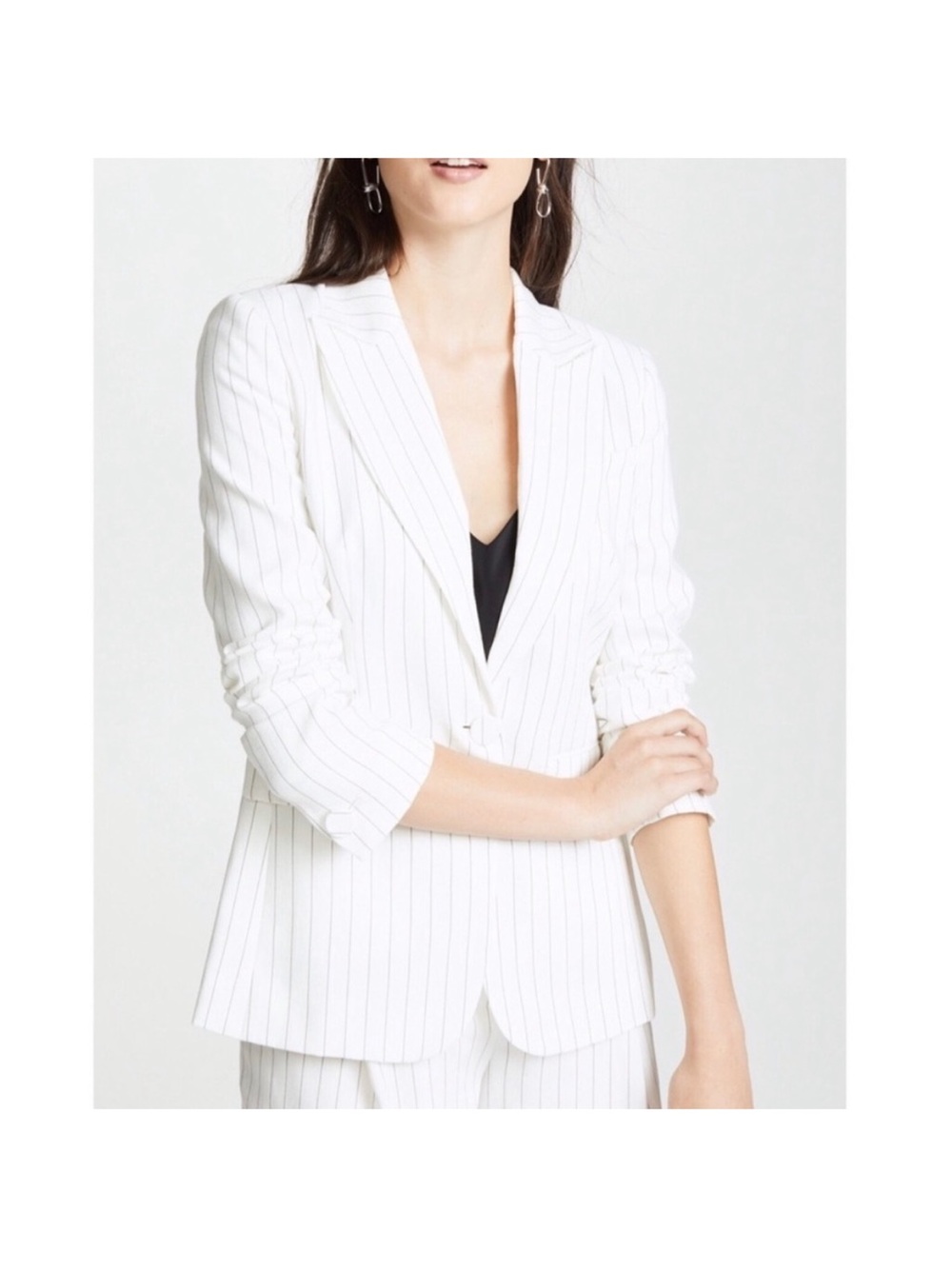 Rachel Zoe White Pinstripe Blazer with Ruched Sleeves